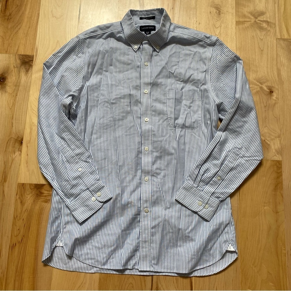 Lands’ End Long Sleeve Slim Fit No Iron Collared Button Up White w/Blue 16-33